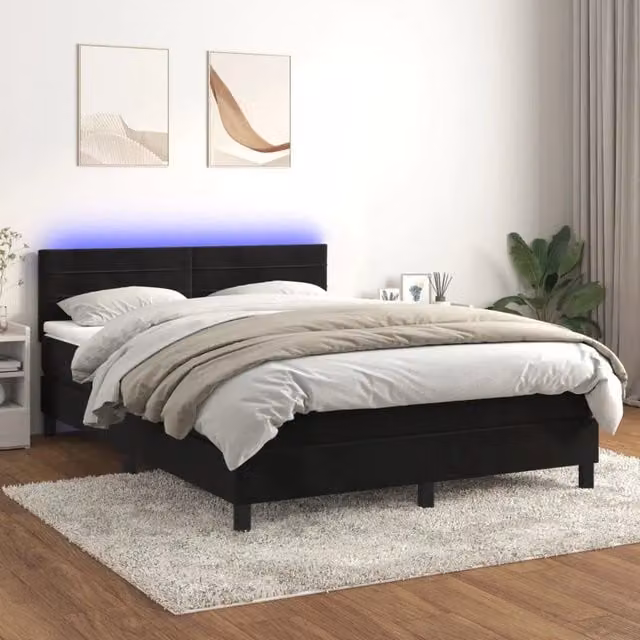 Letto Ibrido con Materasso a Molle Insacchettate e Illuminazione LED vidaXL in Velluto Nero L/P: 140 x 200 cm – 1