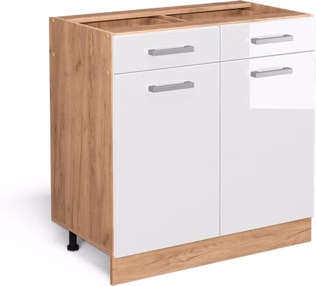 Mobiletto base per cucina Vicco R-Line moderno con ante a battente e cassetti, Bianco lucido e Rovere, L: 80 cm – 1