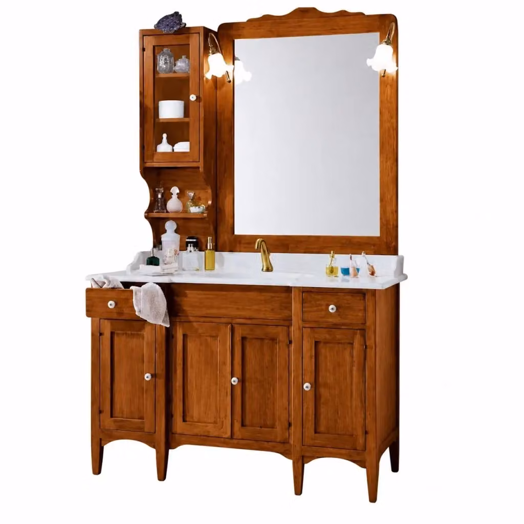 Set mobile bagno Mobili 2G in legno e pietra con lavabo, pensile e specchio con illuminazione LED, L: 129 cm, P: 61 cm, H: 80 cm – 4