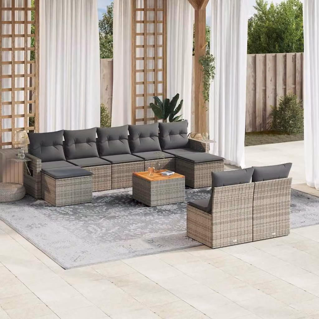 Set Divano da Giardino vidaXL 10 pz in Polyrattan Grigio con Cuscini e Tavolino da Esterno a Forma di L