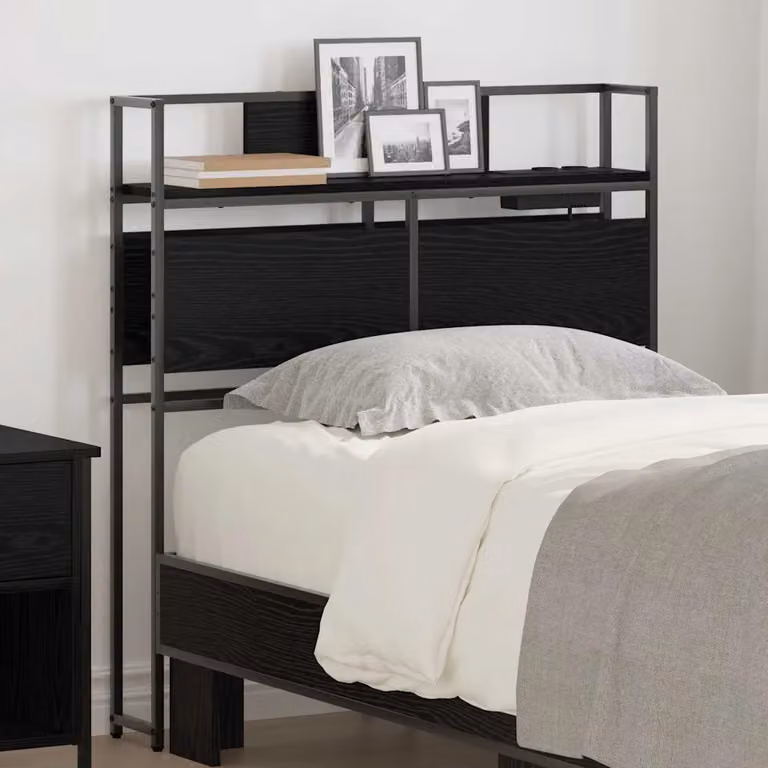 Testata del letto con contenitore vidaXL in legno ingegnerizzato e metallo, colore nero opaco, con mensola integrata e porta di ricarica USB