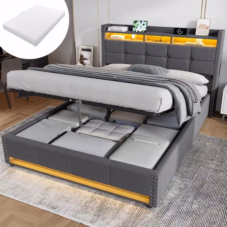 Letto imbottito idraulico MODFU, 140x200 cm, con materasso, luci LED e porta USB, letto contenitore con ampio spazio di stoccaggio, letto per giovani con testiera imbottita, colore grigio