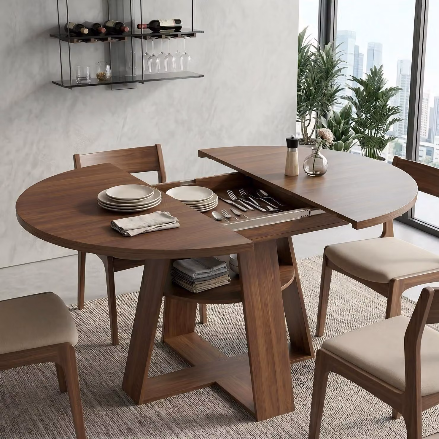 Tavolo da pranzo allungabile, legno, forma ovale, 100-140 cm, finitura noce, piano in MDF, ripiano metallico, per 2-8 persone