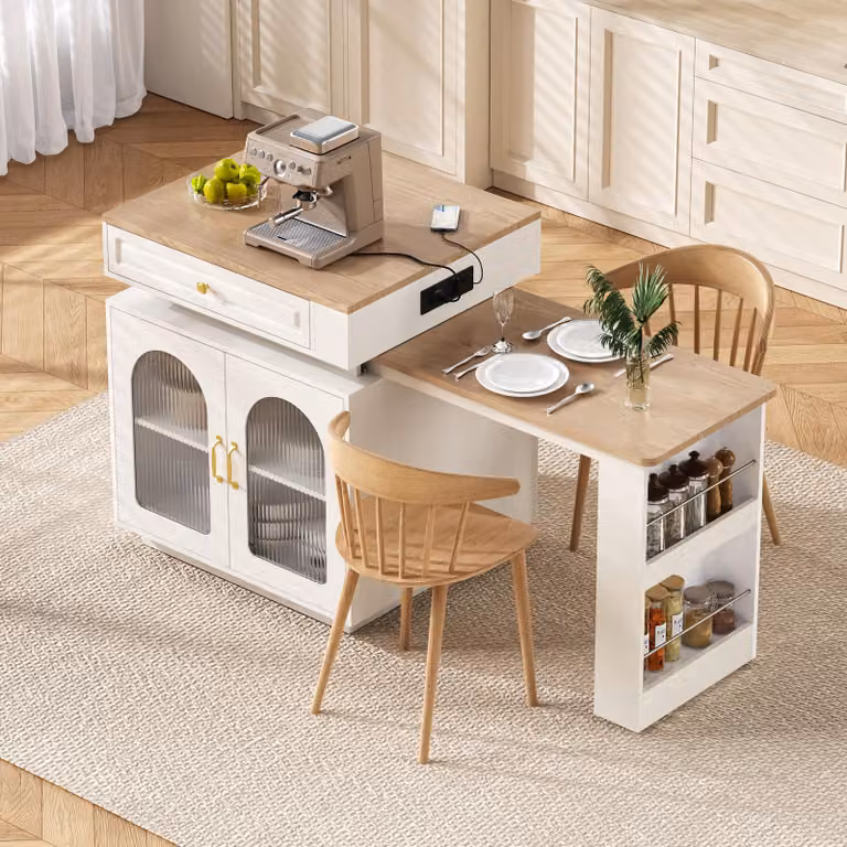 Isola da cucina STILVORA con ruote, carrello da cucina con tavolo estensibile, bancone con prese elettriche e illuminazione a LED, colore bianco, utilizzabile anche come credenza