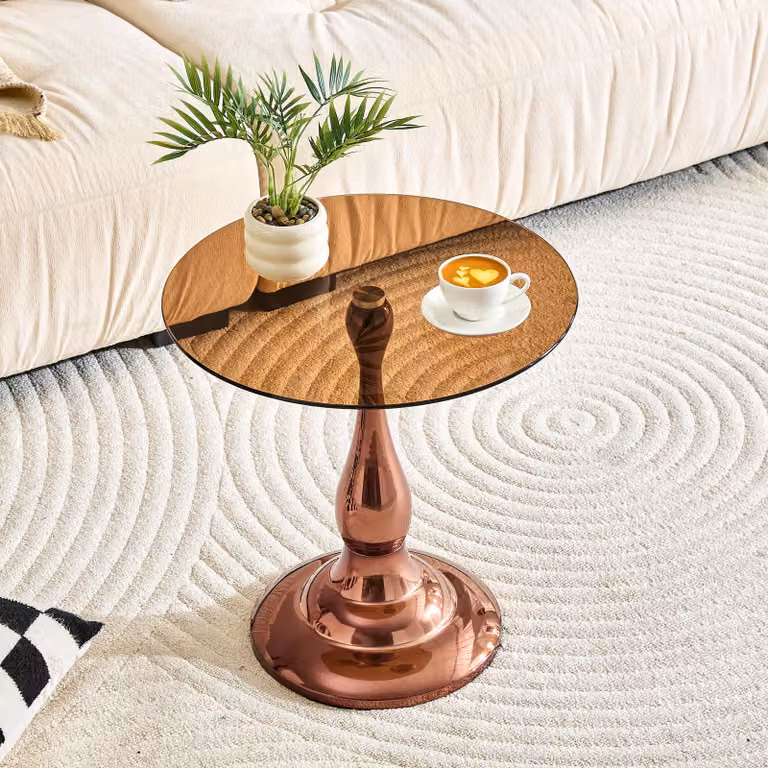 Tavolino rotondo, in vetro, con piano in vetro temperato, base stabile, design compatto, tavolino da divano (marrone)