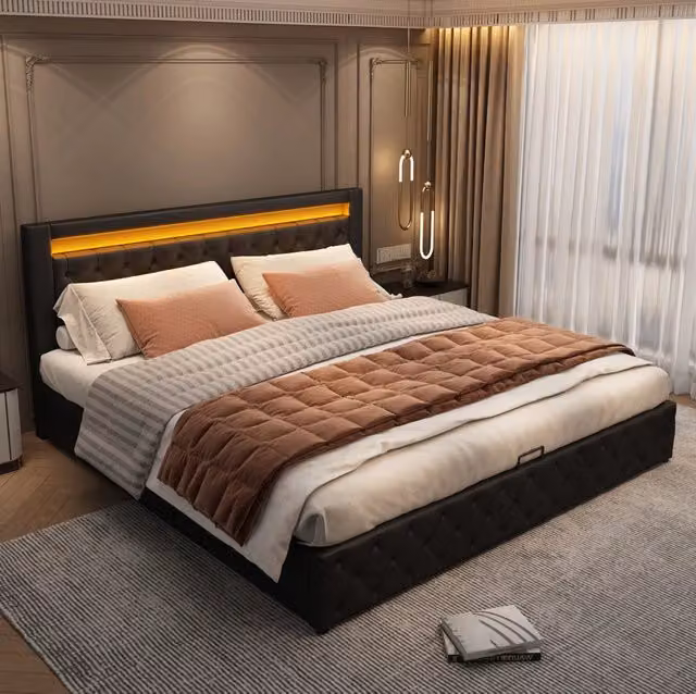 Letto imbottito 180x200 cm con contenitore, rete a doghe e LED regolabile in PU nero