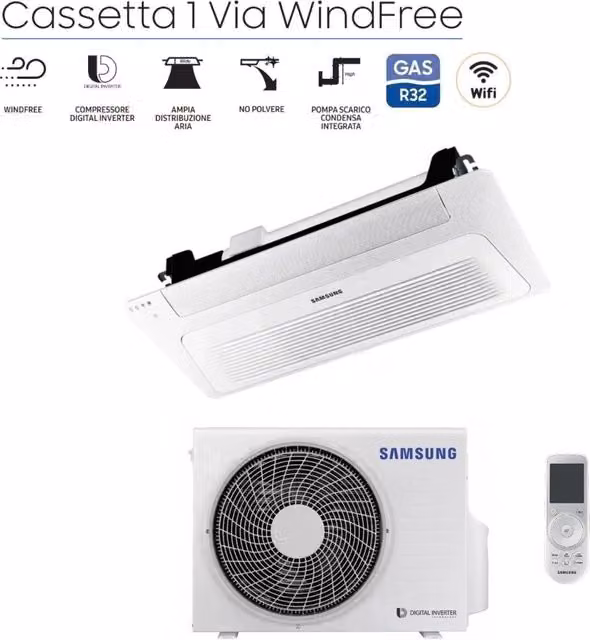 Climatizzatore Condizionatore Samsung WindFree Cassetta 1 Via Slim 12000 Btu AC035RN1DKG Bianco con Telecomando e Wi-Fi Opzionale Classe Energetica A++