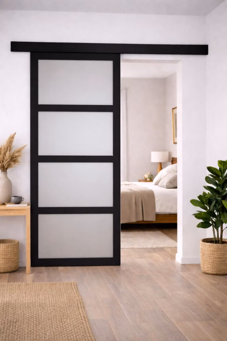 Porta scorrevole Telia nera con vetro H204 x L73 cm, binario in alluminio nero bandeau Gd Menuserie