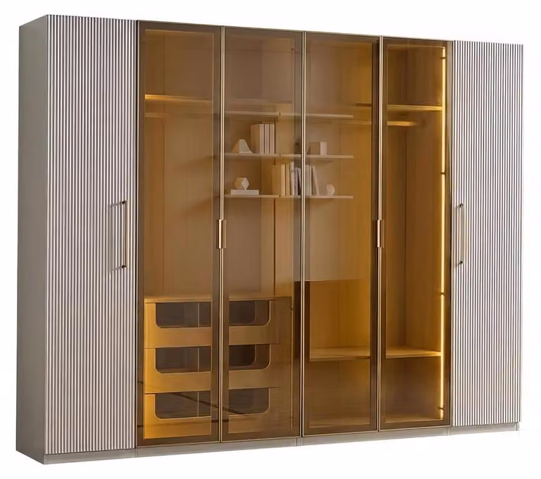 Armadio moderno, bianco, elegante, con ante in vetro, illuminazione a LED e design raffinato