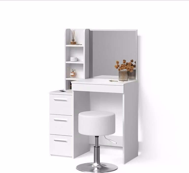 Tavolo da toeletta Livinity Ivera Bianco 79.9 cm con specchio e sgabello, Model 52357