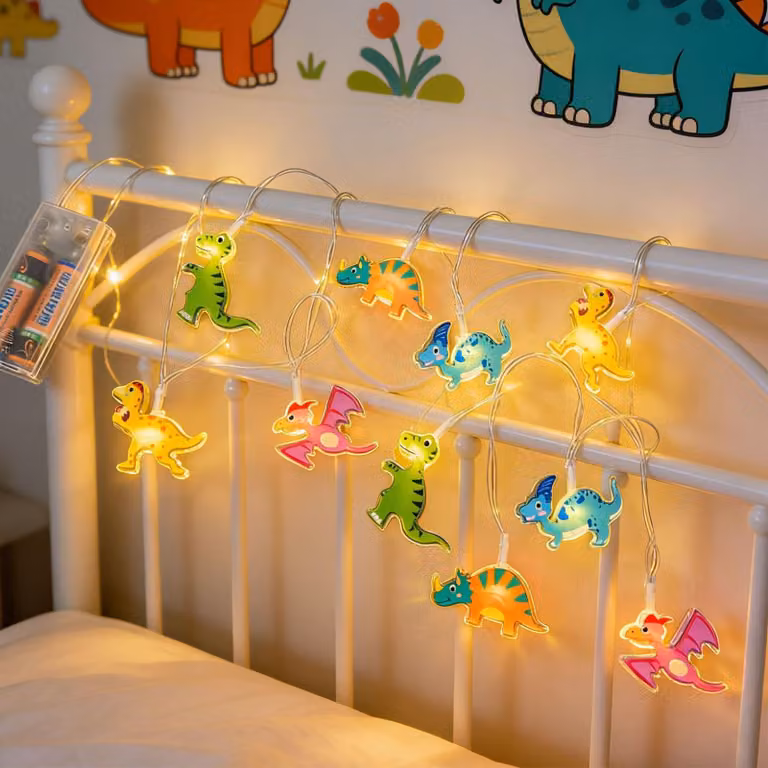 Catena luminosa a tema dinosauro, lunghezza 1,5 metri, 10 LED bianco caldo, alimentata a batteria