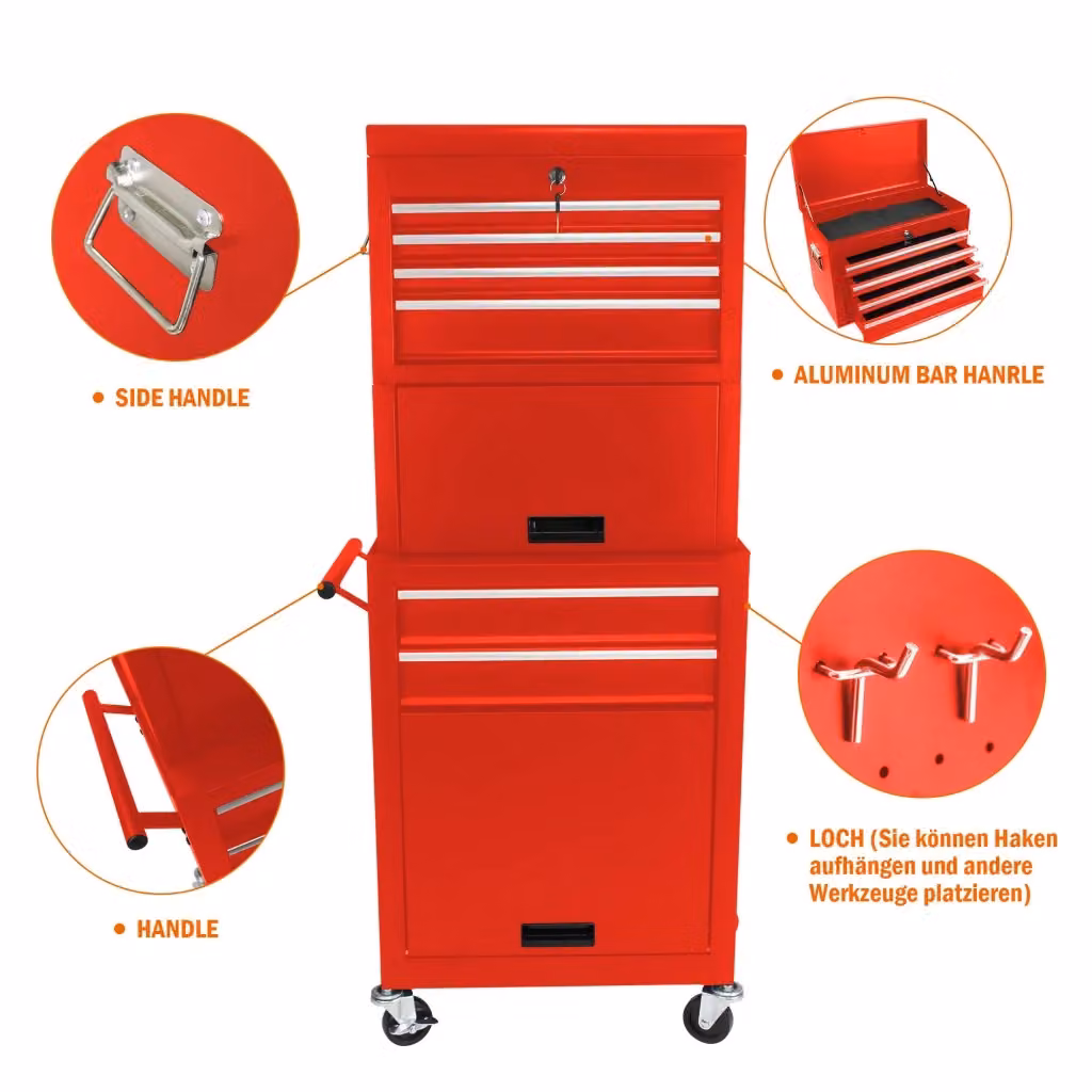 Carrello portautensili REDOM in acciaio con 6 cassetti e ruote frenate, colore rosso – 2