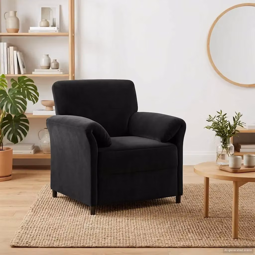 Divano singolo moderno in velluto nero con braccioli per soggiorno L 88 cm, P 83 cm, H 95 cm – 2