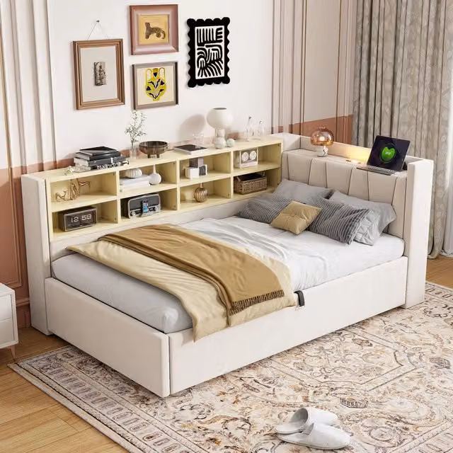 Letto imbottito 90x200 in velluto beige con contenitore; luce notturna e prese USB