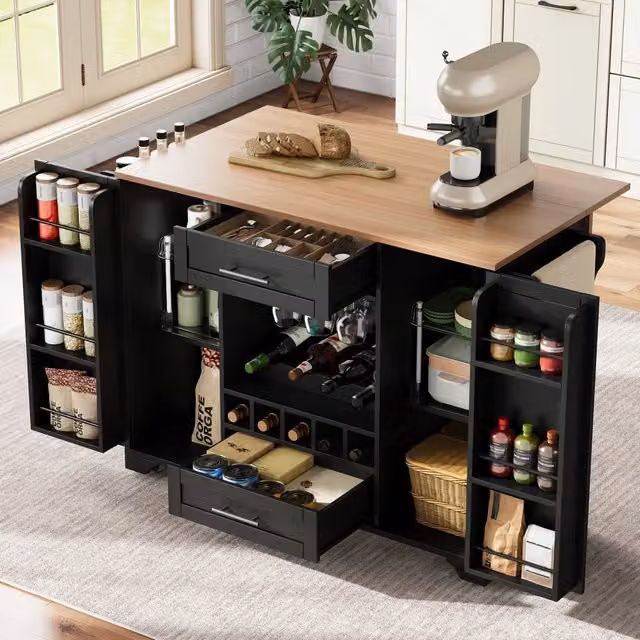 Carrello da cucina multifunzionale - Zephmum- 120x45/70x92cm- Nero- Con ripiano pieghevole, porta bicchieri, porta spezie e porta asciugamani