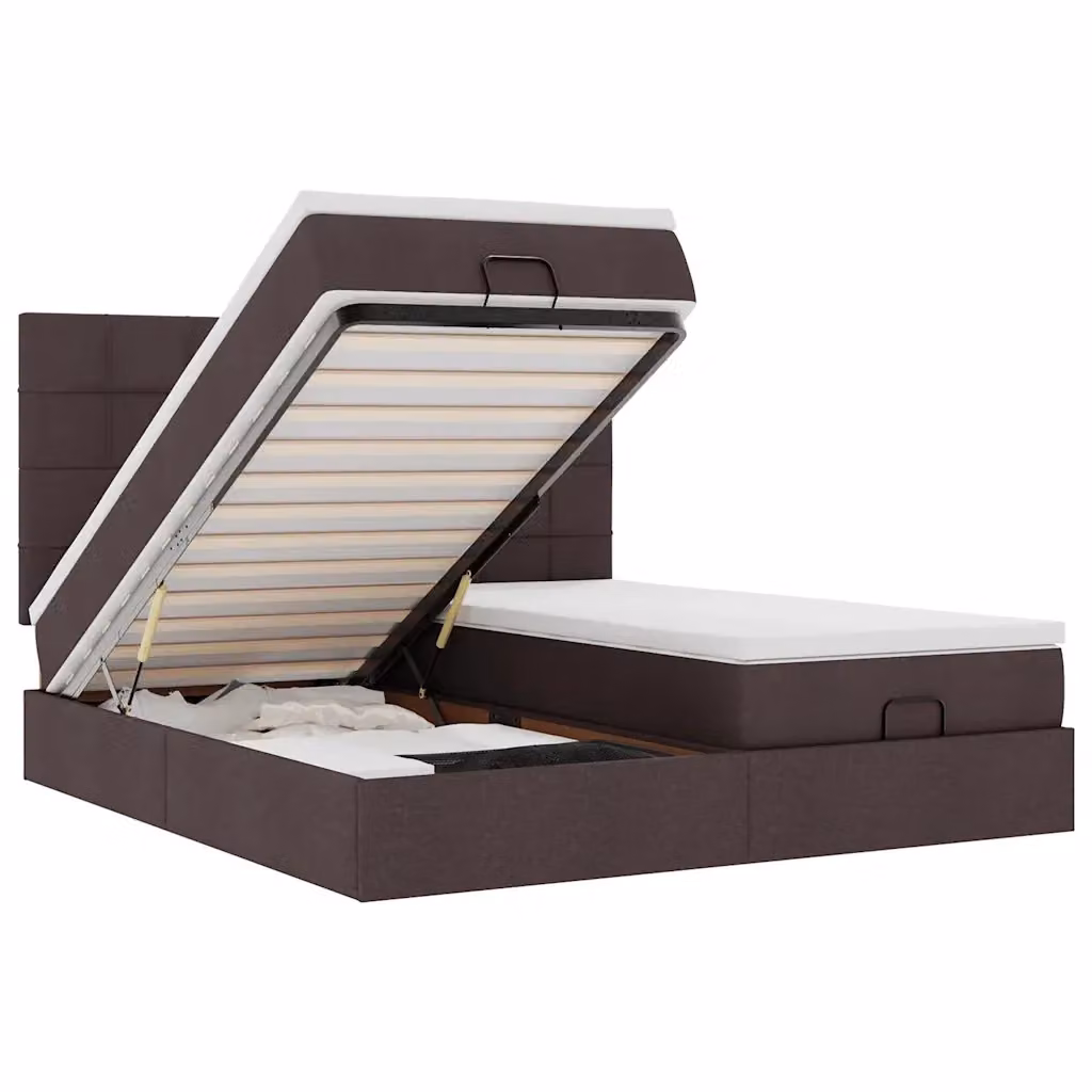 Letto con contenitore a sollevamento vidaXL in tessuto marrone e bianco, L: 200 cm, P: 200 cm, H: 280 cm – 2