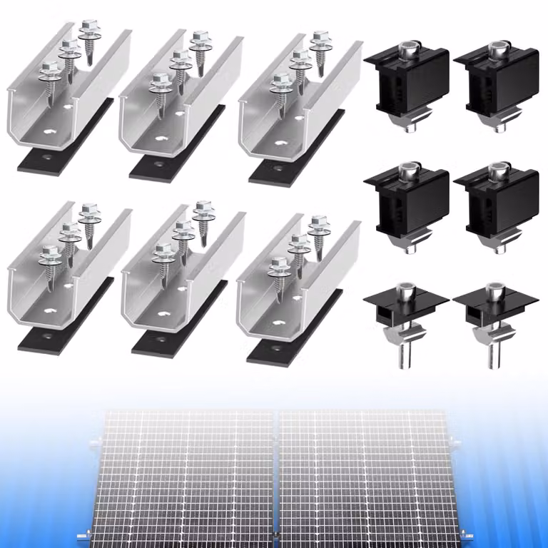 Supporto per pannelli solari fotovoltaici su tetto piano con lamiera grecata + morsetti regolabili per binario per 2 moduli