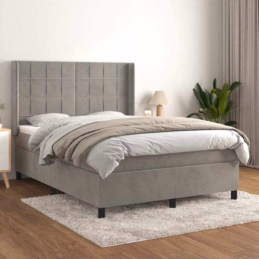 vidaXL Giroletto a Molle con Materasso in Velluto Grigio Chiaro L/P/H: 140 x 200 x 128 cm – 1