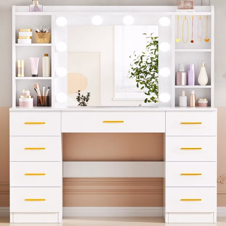 Tavolino da trucco - Specchio con illuminazione LED - 9 cassetti e 3 colori di illuminazione LED