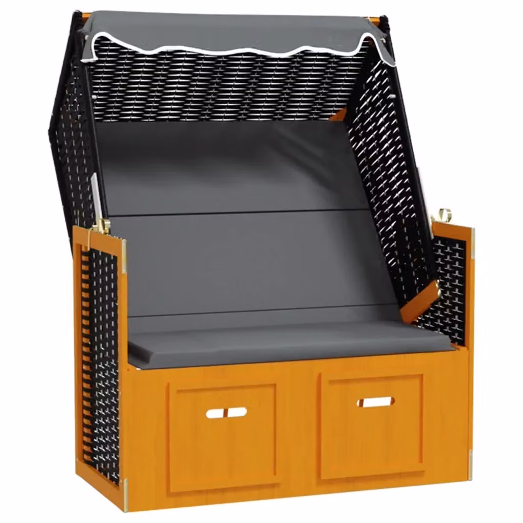 Sedia a sdraio Strandkorb vidaXL in polyrattan e legno massello con tendalino e cuscini, colore antracite – 2