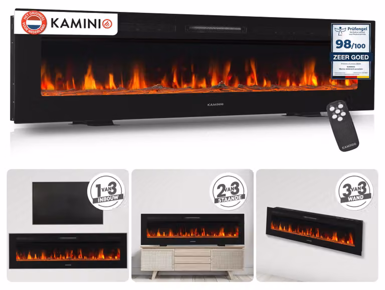 Stufa elettrica multifunzione 3-in-1, autoportante - 1800 Watt - Larghezza 177,8 cm - Vetro temperato - Camino decorativo