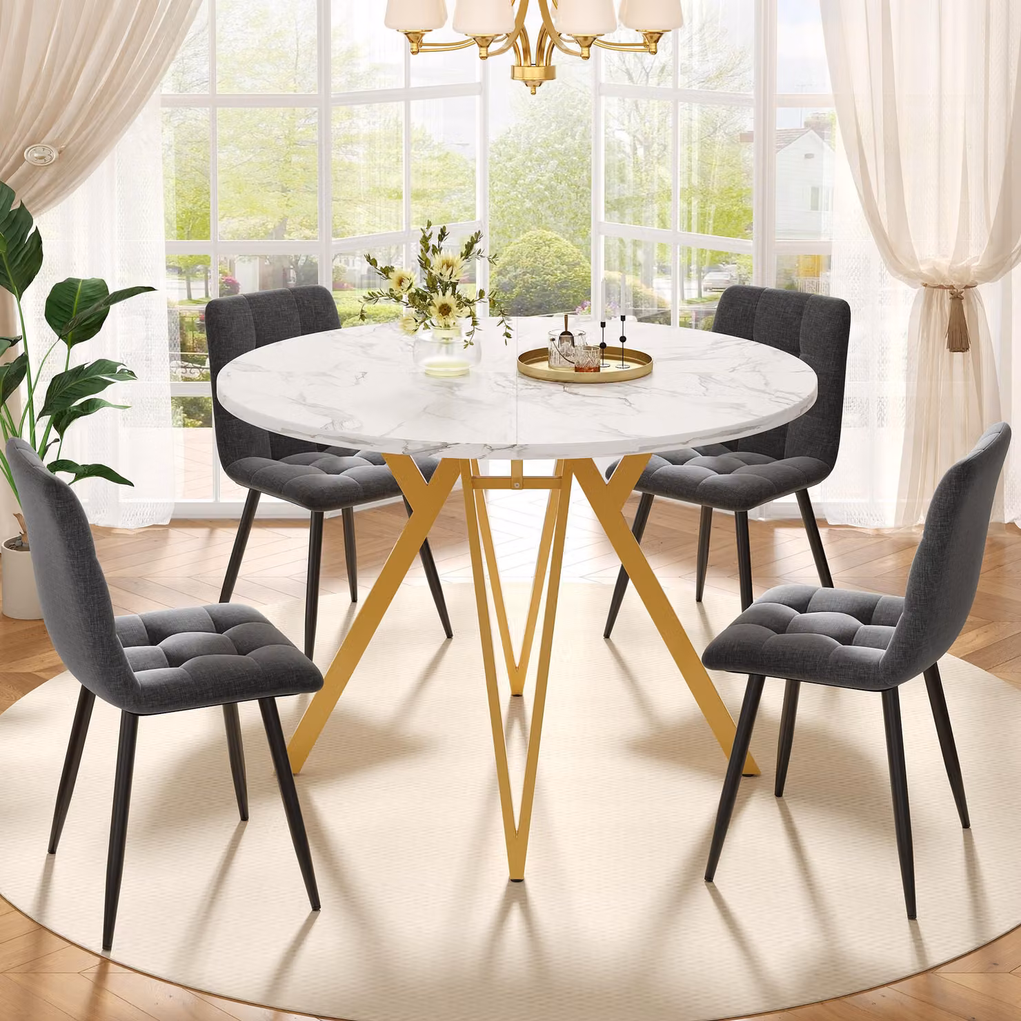 set di 5 tavoli da pranzo rotondi da 100 cm, bianco/oro, 4 sedie in velluto grigio