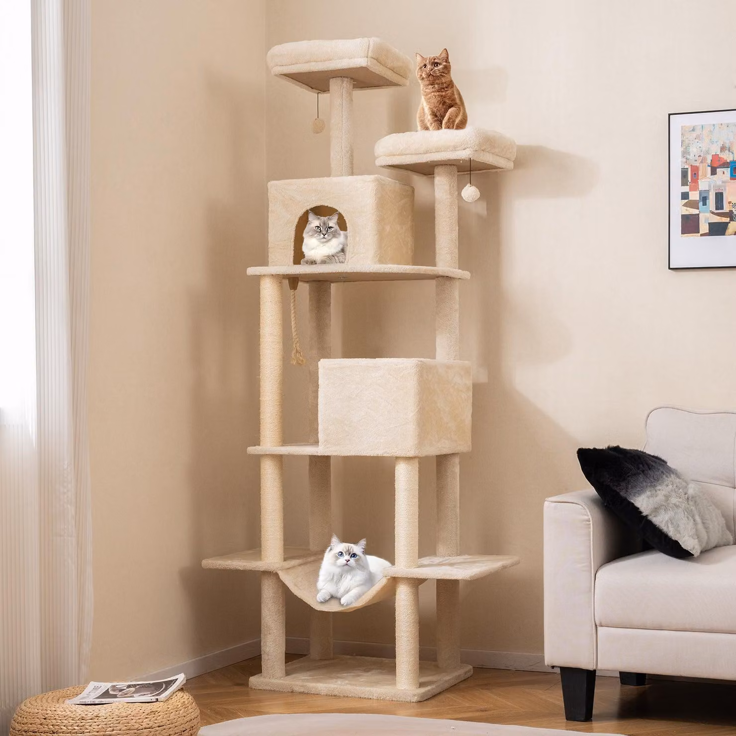Albero per gatti - Tiragraffi - Struttura per arrampicata - Albero giochi - Arredamento per gatti - Beige - 205 cm di altezza