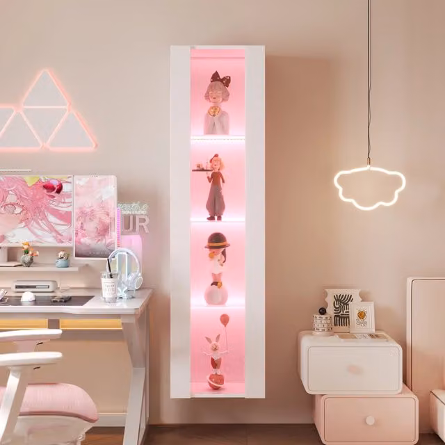 Vetrina multifunzione 40x29x170 cm, design minimalista bianco, ripiani in vetro, illuminazione LED cambio colore con controllo APP, pannello acrilico, montaggio a parete