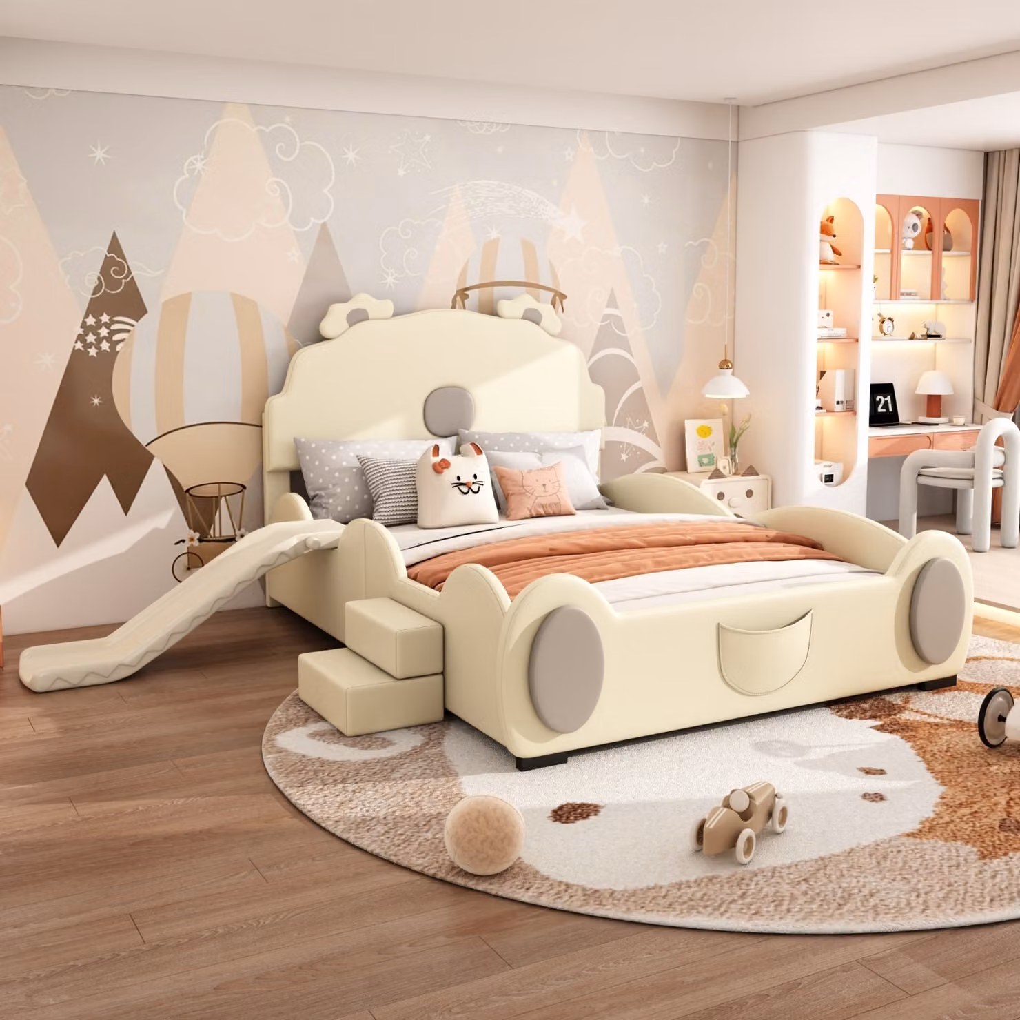 Fortuna Lai letto imbottito 140x200cm con scivolo e scaletta, letto orso, letto imbottito per bambini letto matrimoniale inPoliuretanoletto cartone animato, forma simpatica, beige