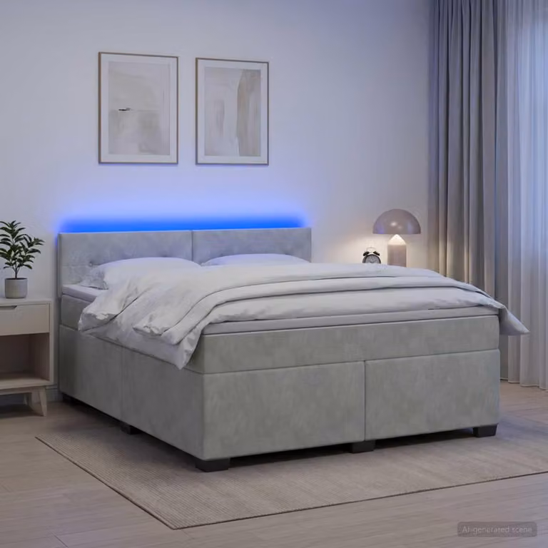 Letto a molle con materasso e illuminazione LED, colore grigio chiaro, 140 x 200 cm, rivestito in velluto
