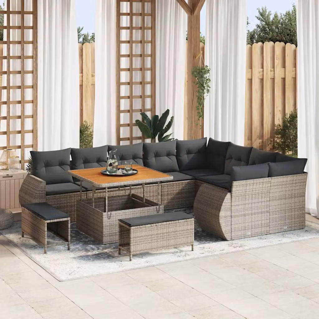 Set Divano da Giardino Moderno vidaXL 12 Pezzi Grigio con Cuscini e Tavolino in Polyrattan e Acciaio – 1