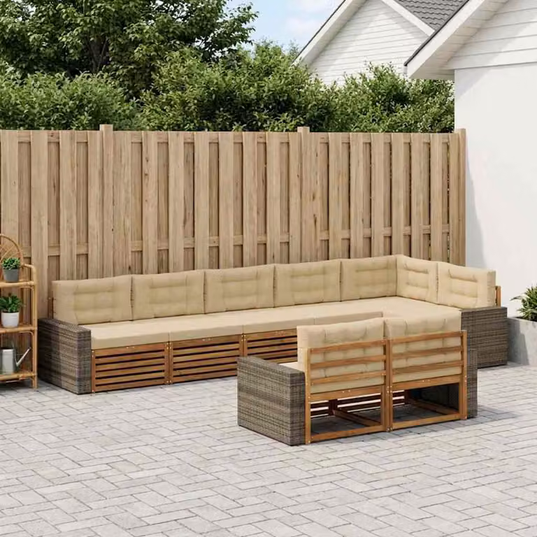 Set di divani da esterno vidaXL a forma di L composto da 8 pezzi in legno di acacia trattato, colore beige e marrone, con cuscini inclusi