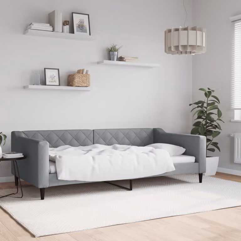 Letto da giorno moderno vidaXL in tessuto grigio con struttura a doghe in legno, L 200 cm x P 100 cm x H 67 cm