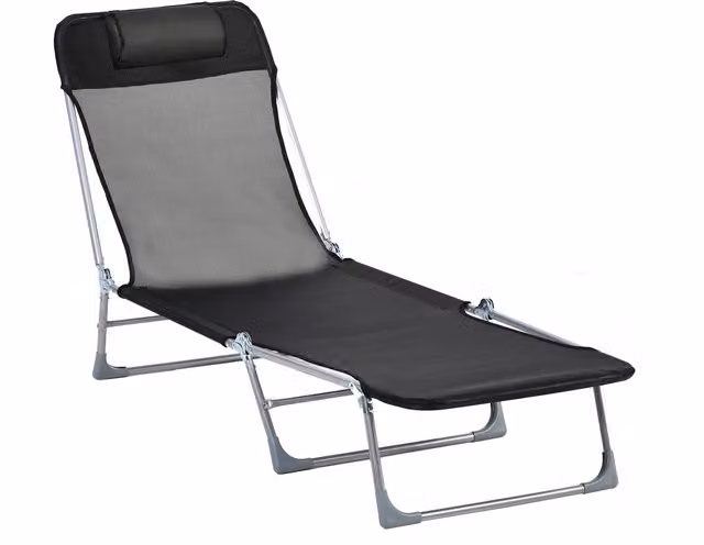 Sdraio da giardino pieghevole Outsunny con schienale reclinabile e cuscino, in metallo e textilene, Nero, L: 182 cm x P: 56 cm x H: 28 cm