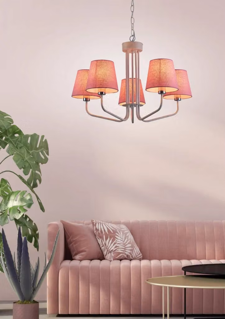 Lampadario a sospensione Candellux York con 5 luci E14, design moderno in metallo e tessuto, colore rosa e bianco, Ø 72 cm – 2