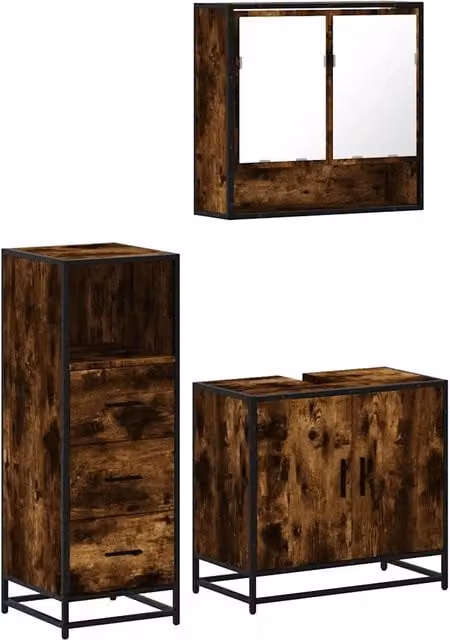 Set Mobili da Bagno | Armadio da bagno 3 pz Rovere Fumo in Legno Multistrato
