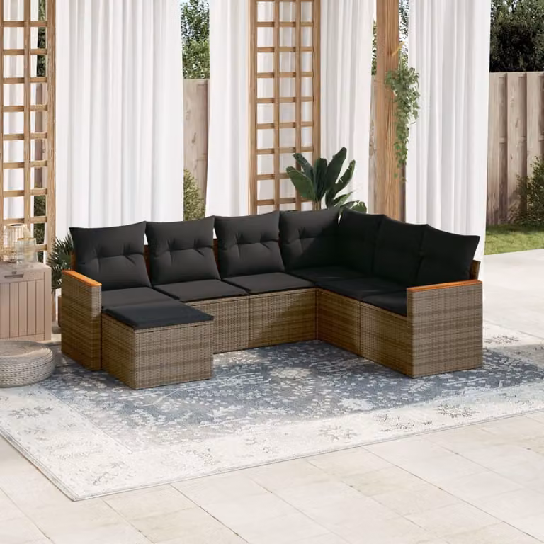 Set di divani da giardino vidaXL a forma di L composto da 7 pezzi con cuscini grigi in rattan e struttura in metallo