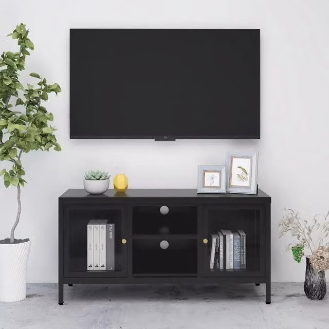 Mobile TV-Credenza Design In in Acciaio e Vetro Nero L: 105 cm, P: 35 cm, H: 52 cm