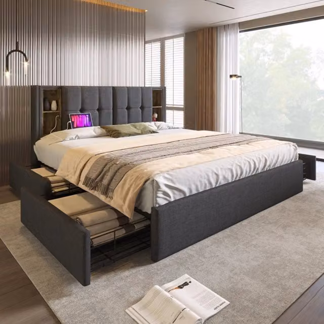 Letto matrimoniale imbottito 160 × 200 cm con 4 cassetti, ricarica wireless, USB e tipo C, senza materasso, grigio