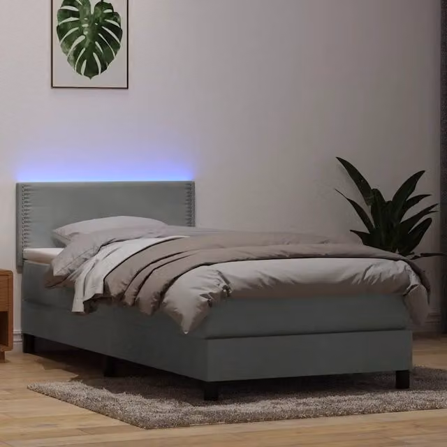 Letto con Materasso a Molle Pocket e Illuminazione LED vidaXL in Velluto Grigio L: 90 cm, P: 223 cm, H: 88 cm