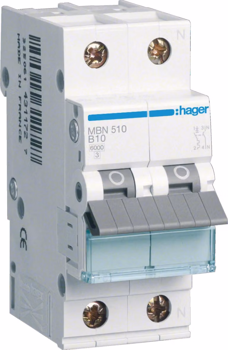 Interruttore LS Hager 1P+N 6 kA caratteristica B 10 A 2 moduli Hager MBN510, 1 pz.