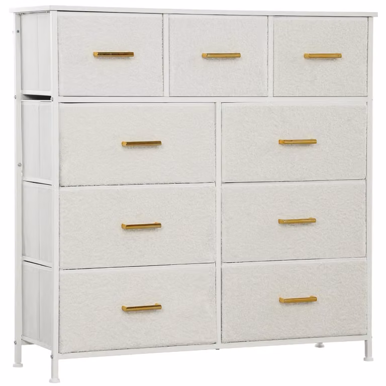 Comodino – Credenza con 9 cassetti rivestiti in tessuto – Struttura in metallo – Piano di lavoro – Maniglie – Bianco crema