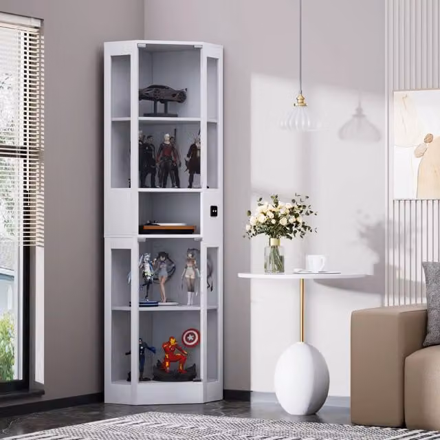 Vetrina WISHDOR moderna in bianco con ante in vetro, illuminazione LED integrata e sensore di movimento, L/P/H: 57 x 40 x 165 cm