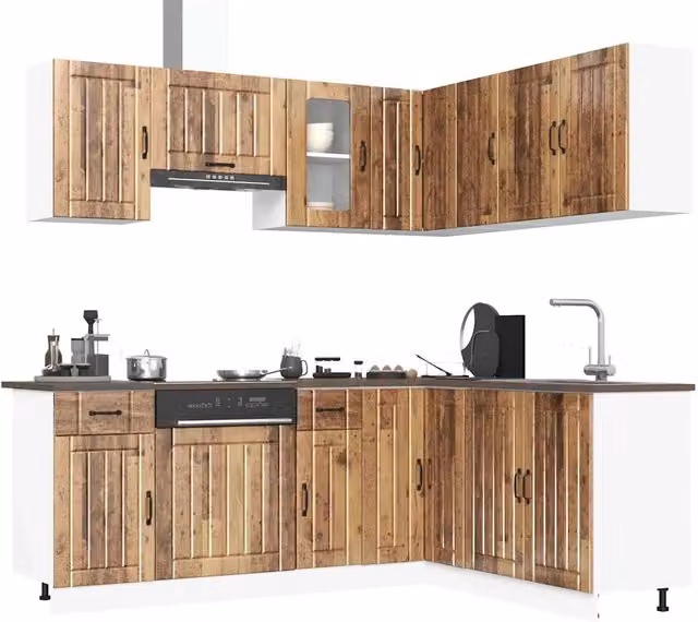 Set Mobili da Cucina Rustico vidaXL in Legno e Vetro, Marrone, 11 Pezzi, L/P/H: 246 x 60 x 81,5 cm