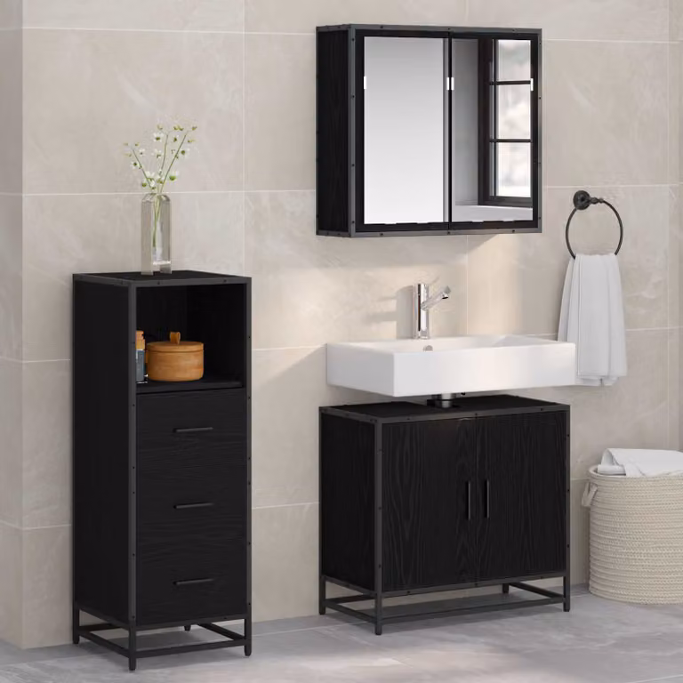 Set di mobili per il bagno moderno vidaXL in 3 pezzi, colore nero e rovere, con armadietto a specchio, mobile lavabo e colonna alta, L/P/H: 65 x 33 x 60 cm