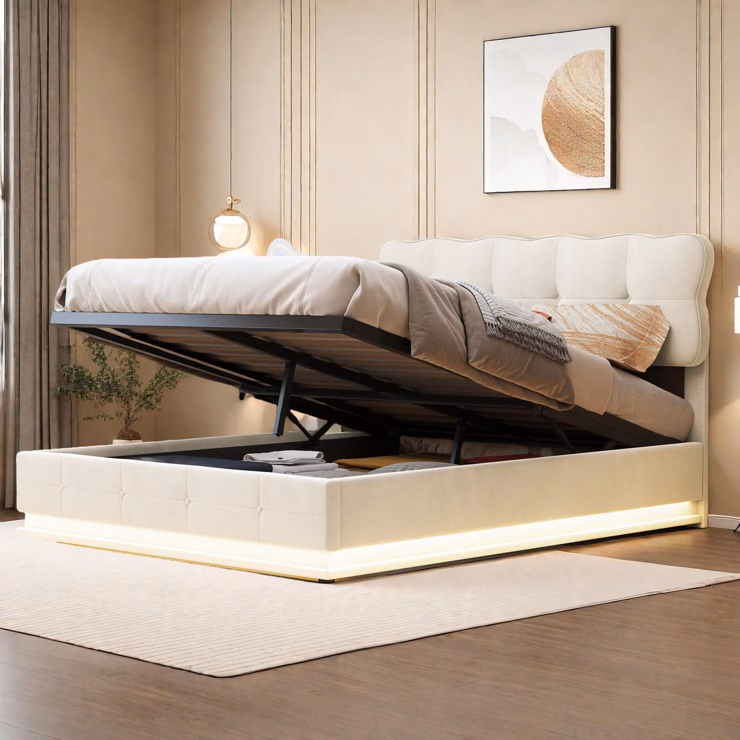 Letto imbottito ProximaX 160x200cm con funzione di carico, letto matrimoniale a molle insacchettate con contenitore, letto per ragazzi in legno con LED e rete a doghe, velluto, grigio