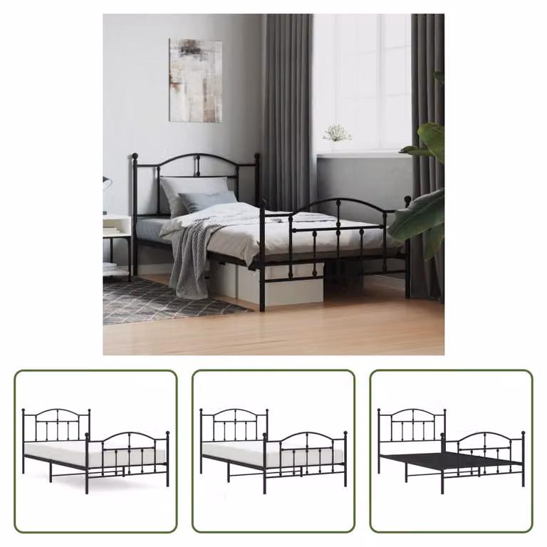 The Living Store Struttura letto con testiera e pediera in metallo nero 100x200 cm