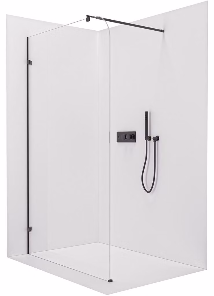 Pannello doccia angolare Walk-in Orbis Round L/P - 8 mm - colonna rotonda - nero opaco, vetro trasparente - 130x200 cm