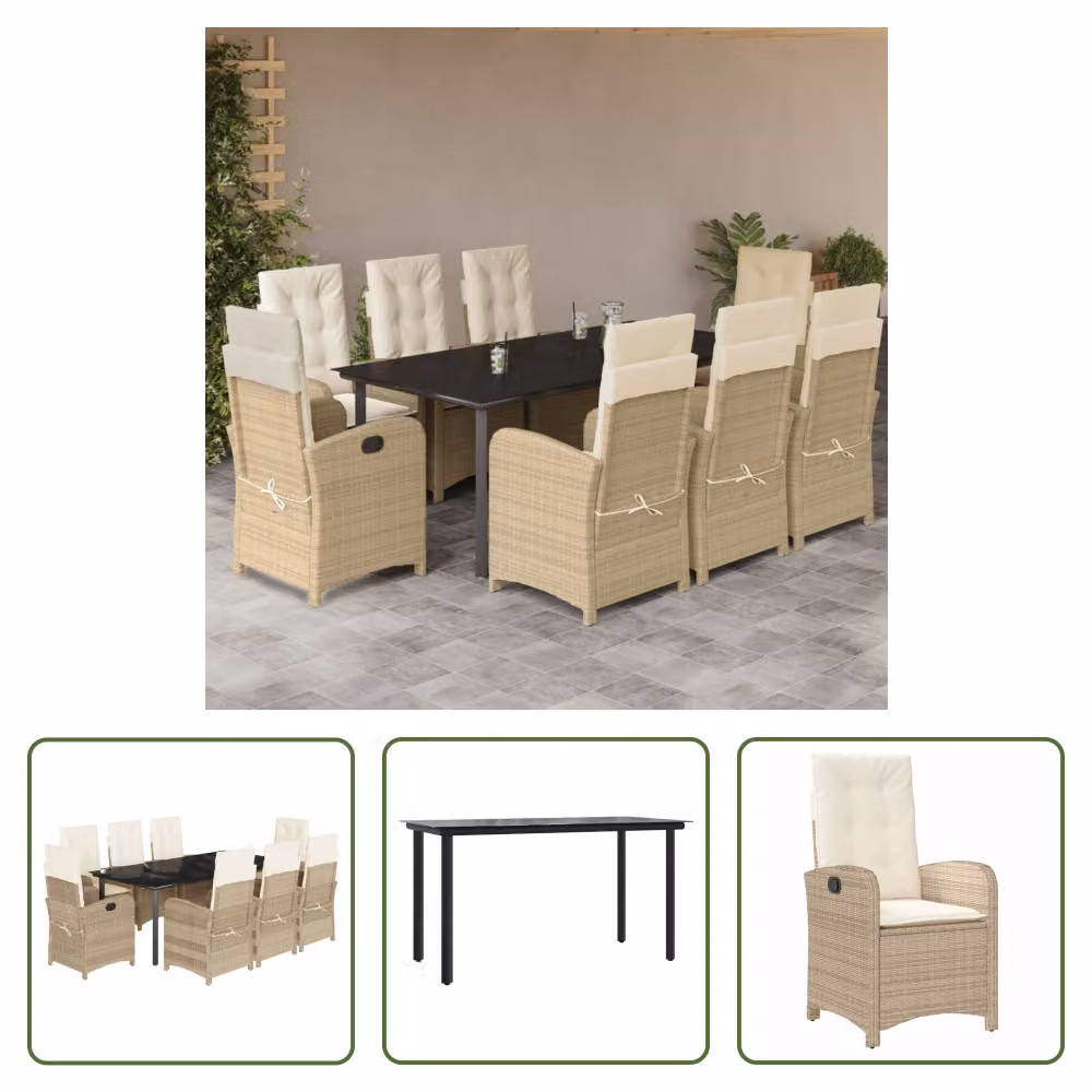 The Living Store Set da pranzo da giardino 9 pezzi con cuscini Beige poly rattan