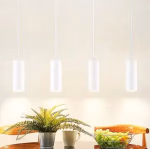 ZMH Luce a sospensione Bianco 4 fiamme legno tavolo da pranzo LED Lampada a sospensione GU10 Appeso metallo opaco Luce a sospensione Altezza regolabile Lampada moderna per interni per tavolo da pranzo Cucina Soggiorno